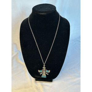 Faux Silver and Turquoise Kochina Dancer Pendent Chain Necklace 23 Inches, Long